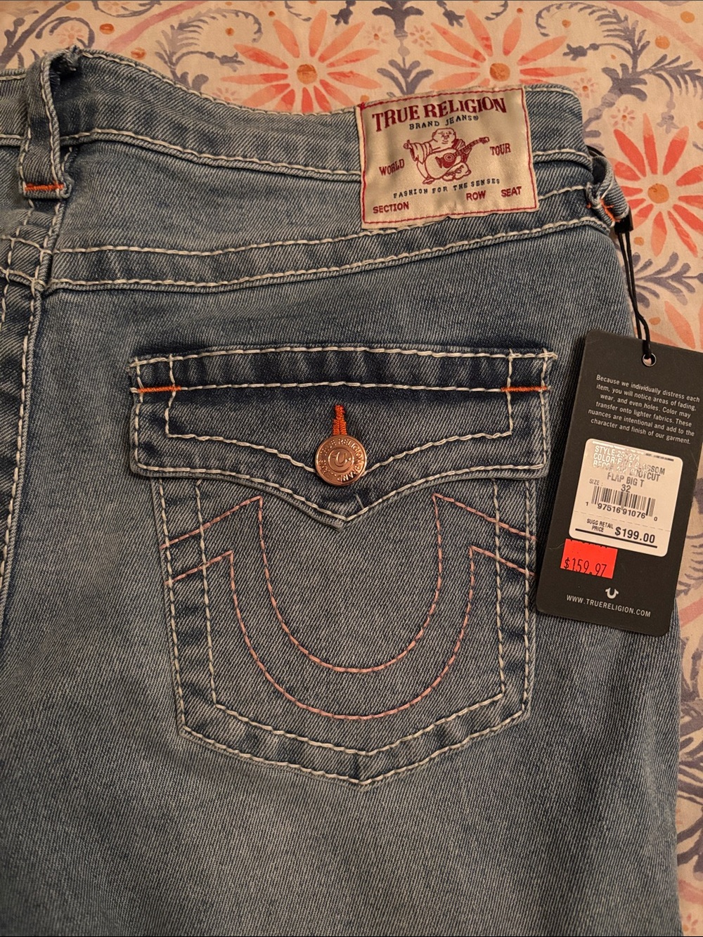 True Religion Women’s Faded Light Blue Bootcut Jeans with Signature Flap Pocket